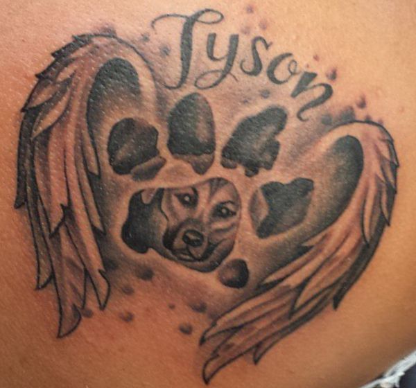 Hunde Tattoo mit Pfoten und flügeln am Rücken