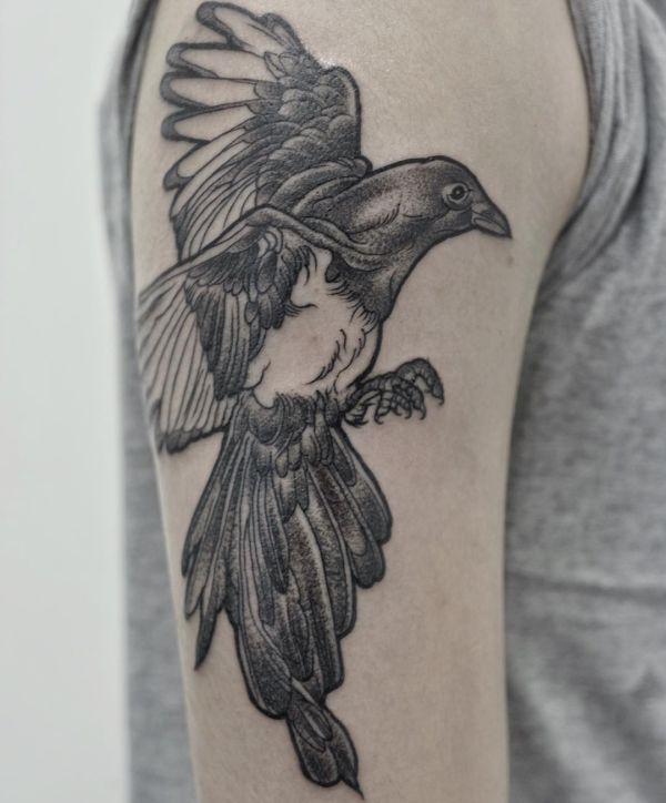 Elster Tattoo am Oberarm der Männer
