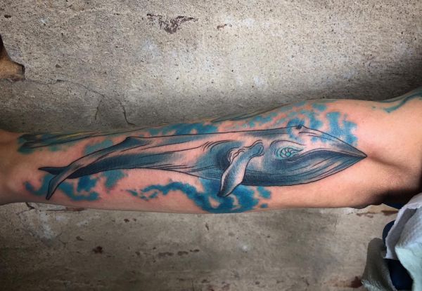 Aquarell Wal auf dem Arm Blau