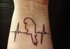 Kleine Papagei Tattoo mit EKG am Handgelenk