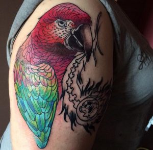 Papagei Tattoo am Oberarm Frau