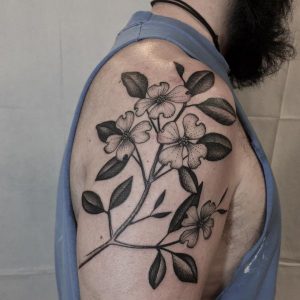 Blüten-Hartriegel Tattoo Design am Oberarm