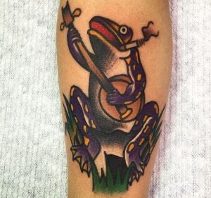 Spaß Frosch Tattoo Design am Unterschenkel