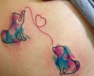 Aquarell Katze und Hunde mit Herz auf der Hüfte