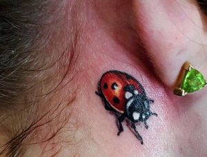 Marienkäfer Tattoo hinter dem Ohr